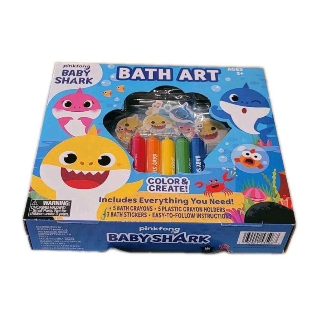 PINKFONG BABY SHARK BATH ART ~ 5 CRAYONS WITH HOLDERS & 3 BATH STICKERS